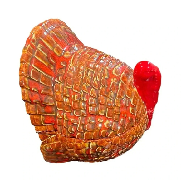 Vintage 80s Hand Painted Ceramic Turkey Covered Thanksgiving Dish - Picture 3 of 11